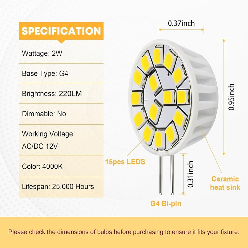 Kohree G4 LED Bulb 12V 4000K AC/DC Bi-Pin Base Ceiling Recessed Puck Light Bulb LED Replacement Halogen Bulb 20W Equivalent for RV Camper Trailer 5th Wheel and Marine Boat (2 Watt, Natural White) - Image 5